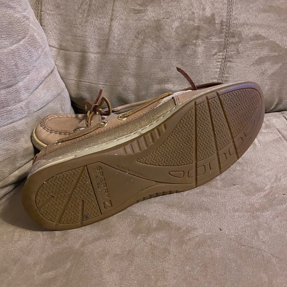 Sperry Angelfish Boat Shoes | Tan Linen & Gold Metallic | Size 7 - Picture 4 of 6